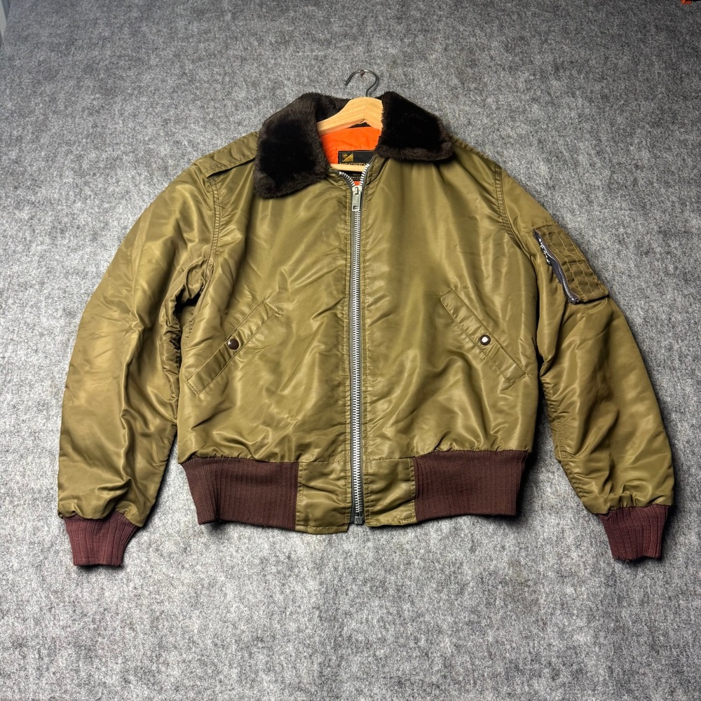 Vintage Weathercaster MA-1 Bomber Jacket USA Talon Zip Fur Collar Olive Green